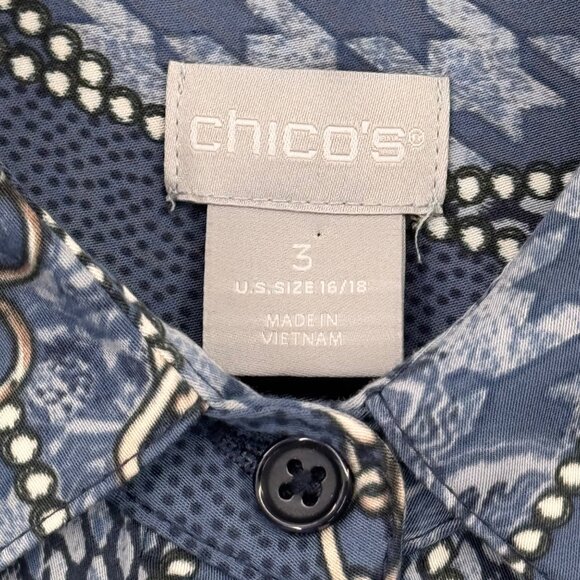 Chicos 3 Womens Button-Down Long Sleeve Shirt Size XL Blue Geometric satin - Picture 2 of 12